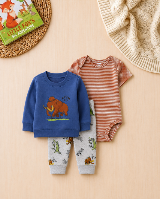 🦣Original Carter’s Baby Boy 3-Piece "Prehistoric Pals" Pullover Set – Denim Blue & Grey