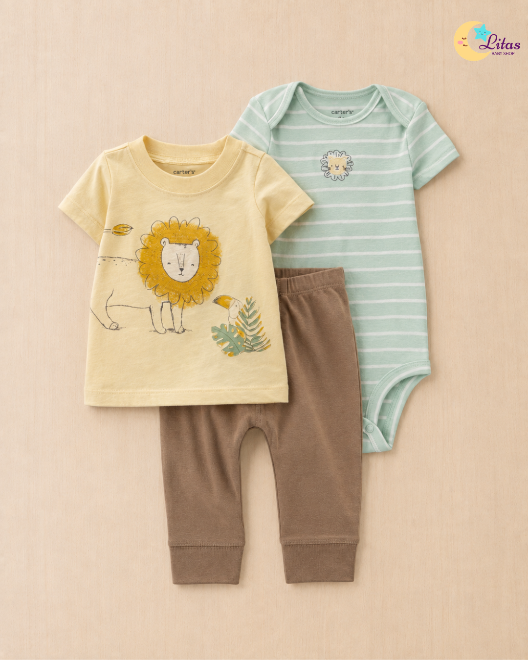 🦁 Carter’s Baby Boy 3-Piece "King of the Jungle" Set – Mustard & Mint