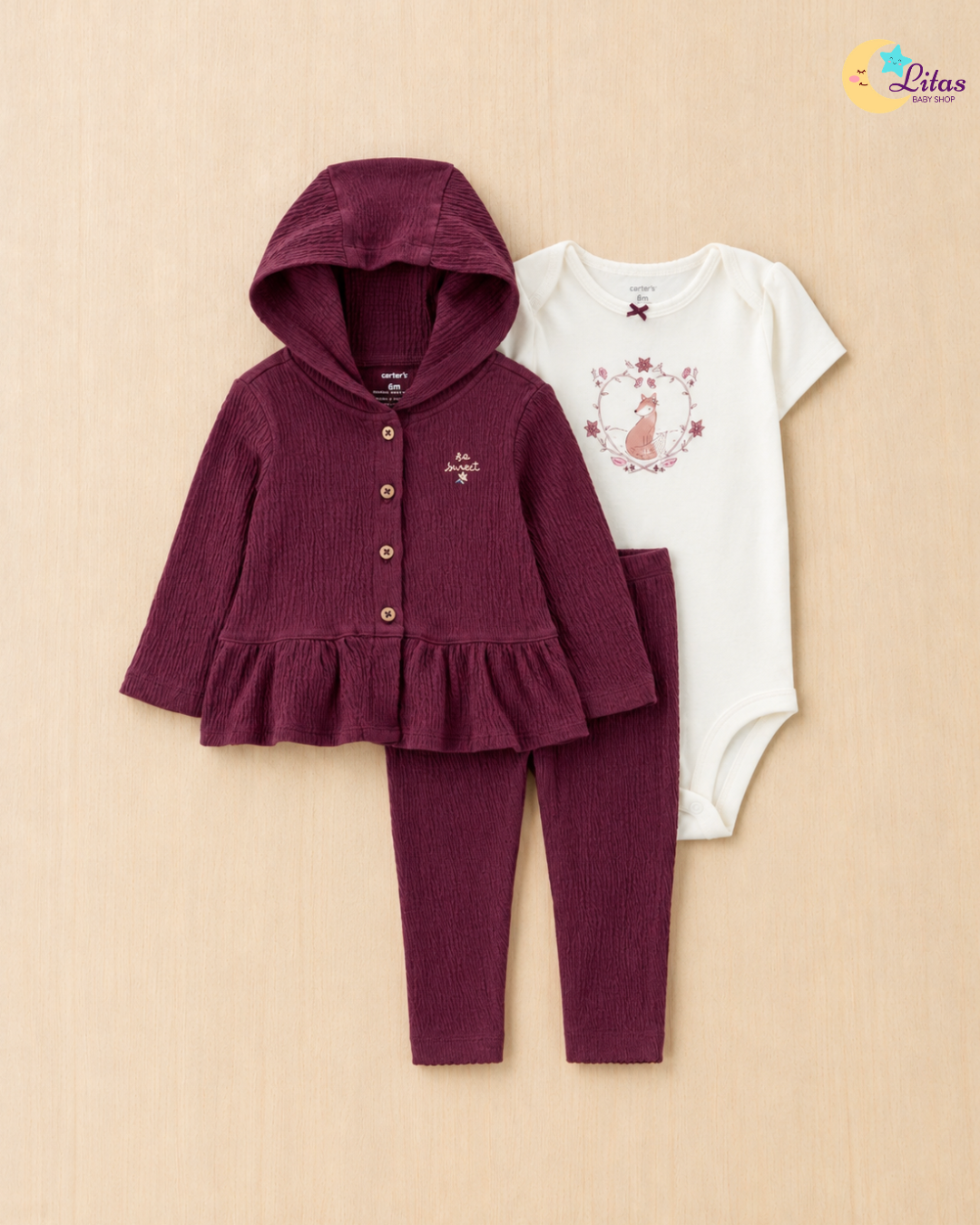 🦊Carter’s Baby Girl 3-Piece Long-Sleeve Cardigan, Bodysuit & Pants Set – Floral Fox