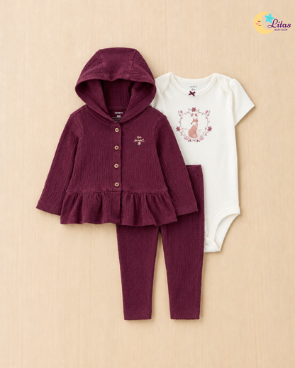 🦊Carter’s Baby Girl 3-Piece Long-Sleeve Cardigan, Bodysuit & Pants Set – Floral Fox