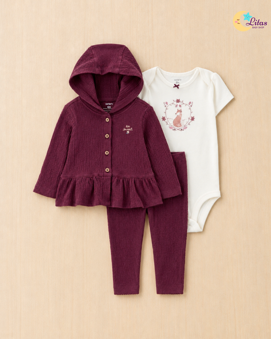 🦊Carter’s Baby Girl 3-Piece Long-Sleeve Cardigan, Bodysuit & Pants Set – Floral Fox