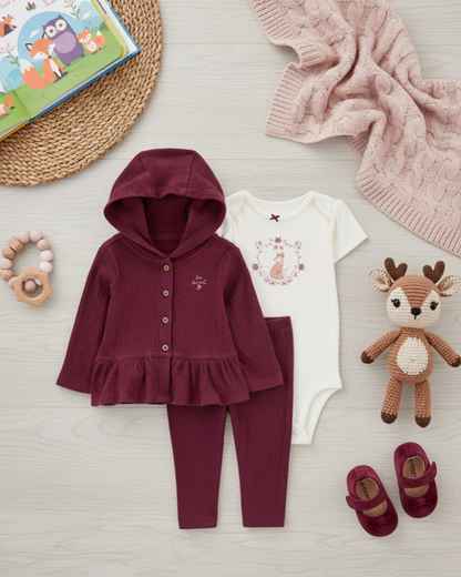 🌾 Carter’s Baby Girl 3-Piece "Autumn Fox" Set – Muslin Plum & Ivory