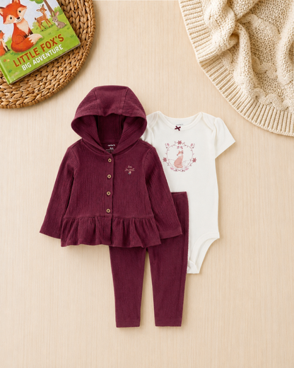 🦊Original Carter’s Baby Girl 3-Piece "Autumn Fox" Set – Muslin Plum & Ivory