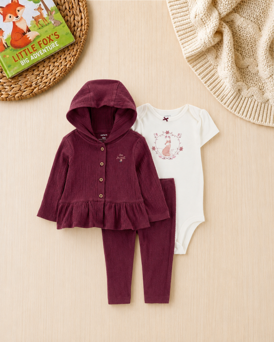 🦊Original Carter’s Baby Girl 3-Piece "Autumn Fox" Set – Muslin Plum & Ivory
