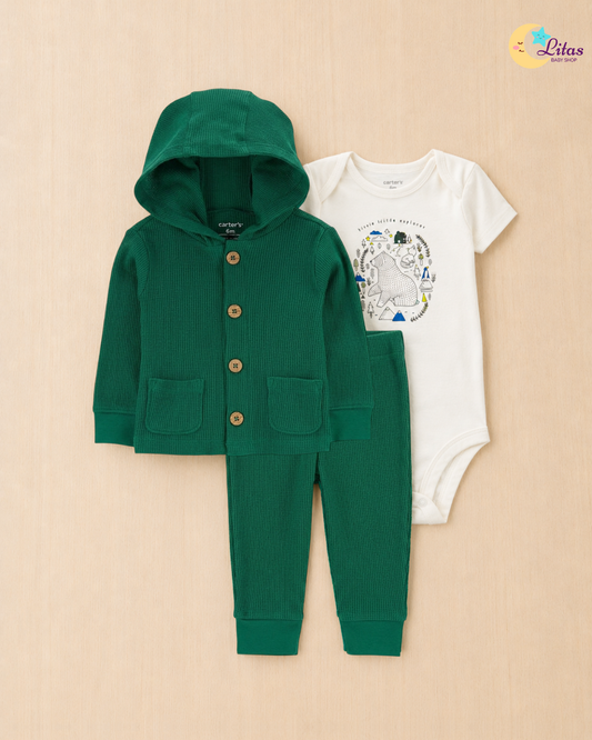 🐻 Carter’s Baby Boy 3-Piece Long-Sleeve Hooded Cardigan, Bodysuit & Pants Set – Green Bear