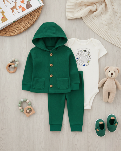 🌲 Carter’s Baby Boy 3-Piece "Little Explorer" Set – Forest Green & Ivory