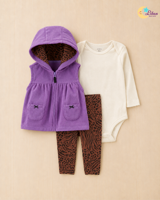 🐆 Carter’s Baby Girl 3-Piece "Safari Dream" Fleece Vest Set – Purple, Ivory & Leopard