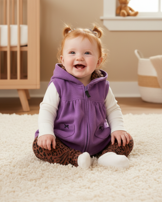 🐆 Carter’s Baby Girl 3-Piece "Safari Dream" Fleece Vest Set – Purple, Ivory & Leopard