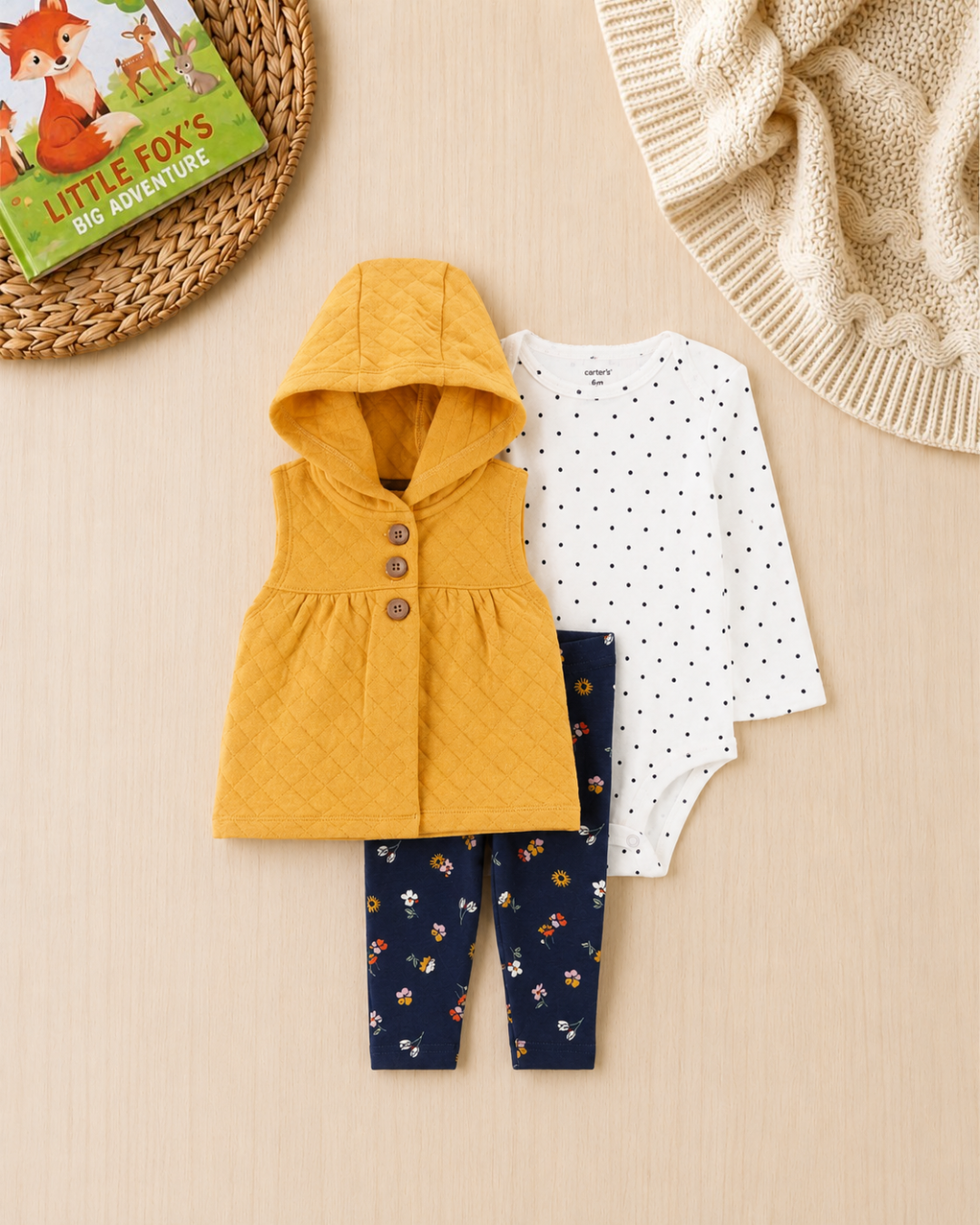 🌻Original Carter’s Baby Girl 3-Piece "Golden Meadow" Quilted Vest Set – Mustard, White & Navy