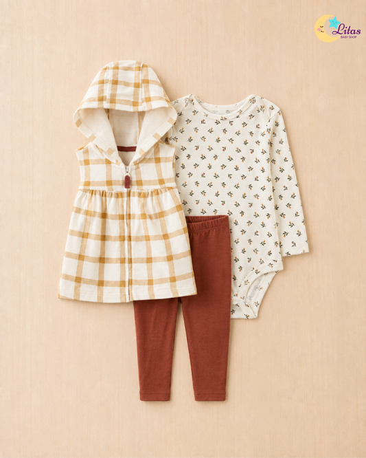 🍂 Carter’s Baby Girl 3-Piece "Autumn Bloom" Hooded Vest Set – Cream, Gold & Terracotta
