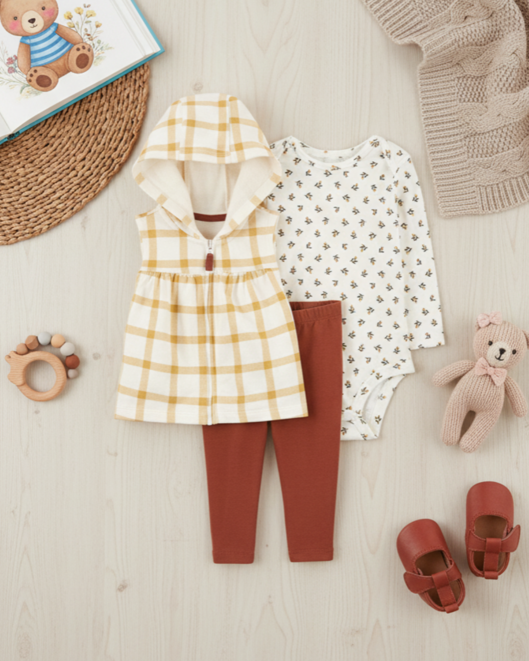 🍂 Carter’s Baby Girl 3-Piece "Autumn Bloom" Hooded Vest Set – Cream, Gold & Terracotta