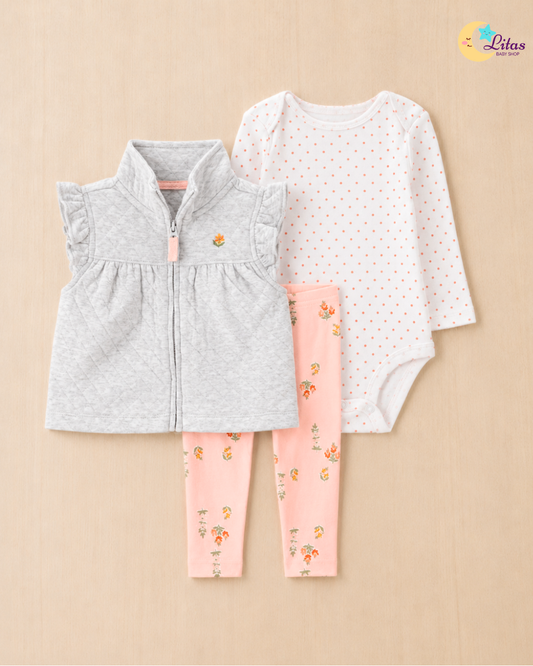 🌸Original Carter’s Baby Girl 3-Piece "Garden Dot" Quilted Vest Set – Heather Grey & Peach