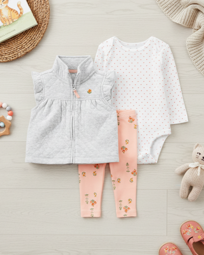 🌸 Carter’s Baby Girl 3-Piece "Garden Dot" Quilted Vest Set – Heather Grey & Peach