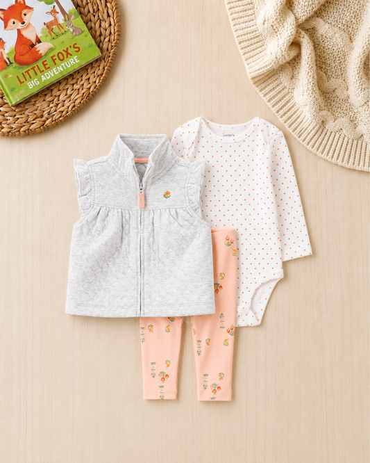 🌸Original Carter’s Baby Girl 3-Piece "Garden Dot" Quilted Vest Set – Heather Grey & Peach