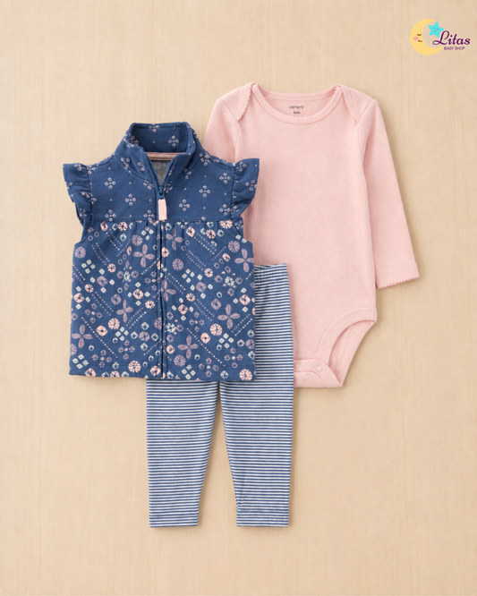 🌸Original Carter’s Baby Girl 3-Piece "Indigo Floral" Vest Set – Navy & Soft Pink