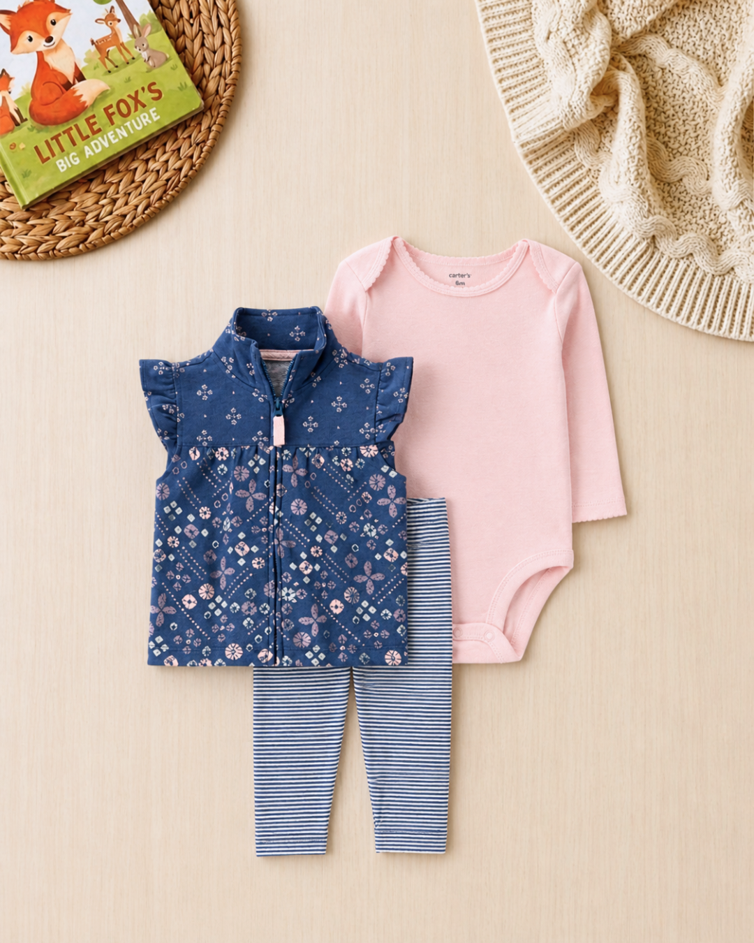 🌸 Carter’s Baby Girl 3-Piece "Indigo Floral" Vest Set – Navy & Soft Pink