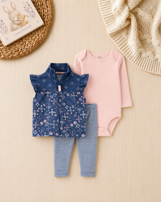 🌸Original Carter’s Baby Girl 3-Piece "Indigo Floral" Vest Set – Navy & Soft Pink