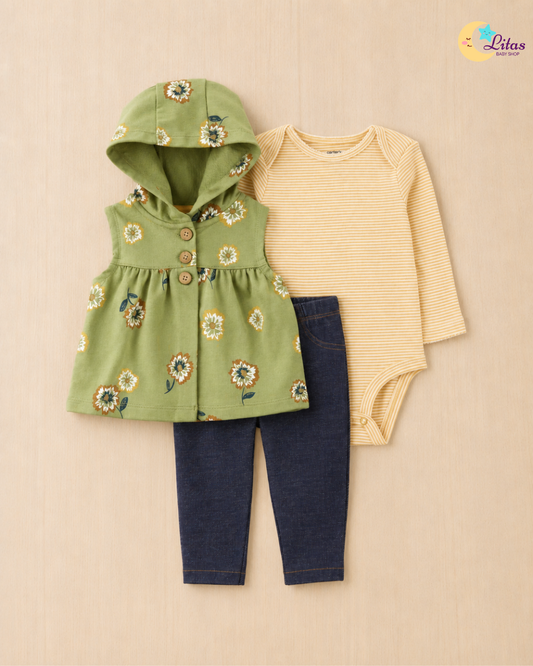 🌿 Carter’s Baby Girl 3-Piece "Olive Meadow" Hooded Vest Set – Sage, Mustard & Denim