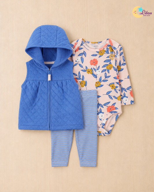 🌸 Carter’s Baby Girl 3-Piece "Floral & Stripe" Quilted Vest Set – Blue, Pink & Gold