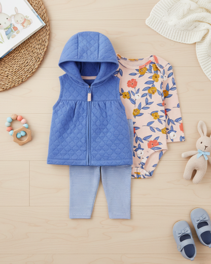 🌸 Carter’s Baby Girl 3-Piece "Floral & Stripe" Quilted Vest Set – Blue, Pink & Gold