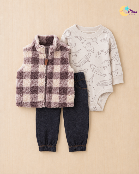 🐋 Carter’s Baby Boy 3-Piece "Arctic Explorer" Sherpa Vest Set – Taupe, Cream & Denim