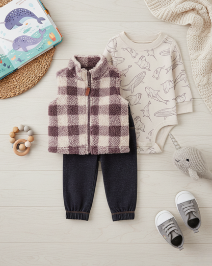 🐋 Carter’s Baby Boy 3-Piece "Arctic Explorer" Sherpa Vest Set – Taupe, Cream & Denim