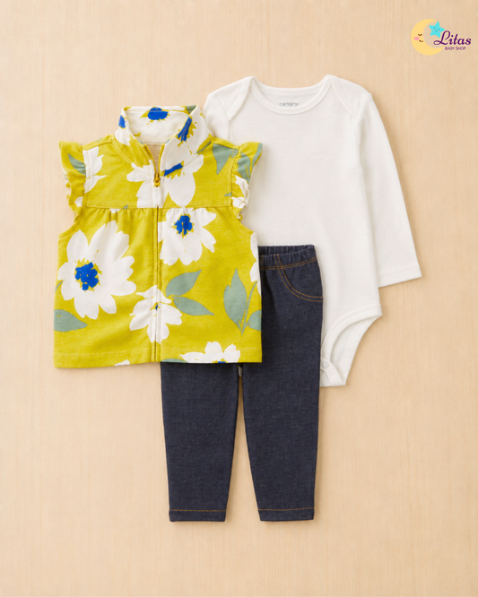 🌼Original Carter’s Baby Girl 3-Piece "Sunlit Floral" Vest Set – Yellow, White & Denim