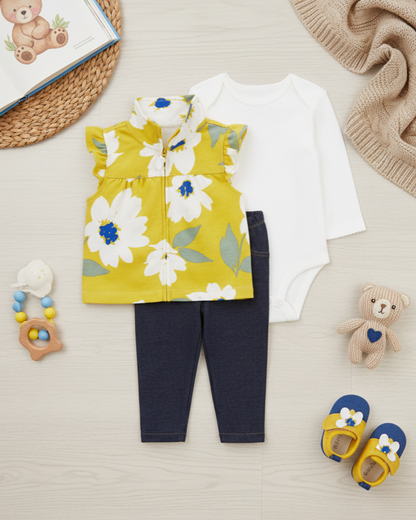 🌼 Carter’s Baby Girl 3-Piece "Sunlit Floral" Vest Set – Yellow, White & Denim