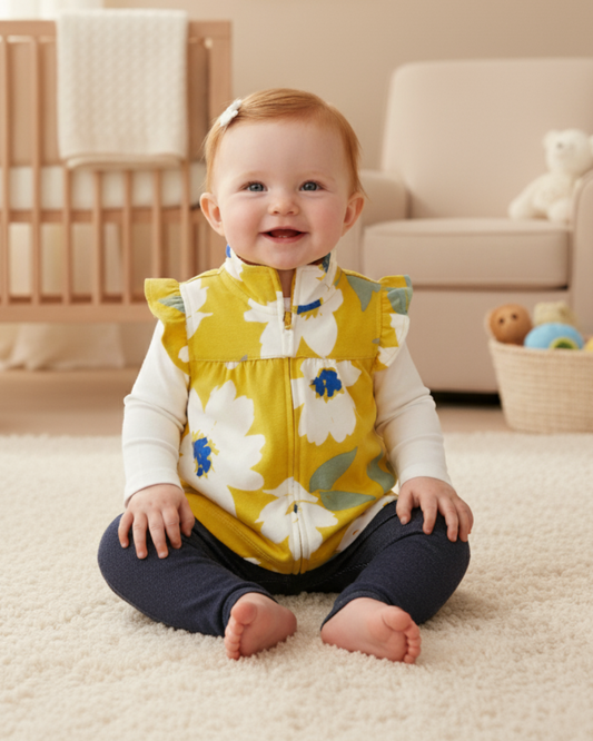 🌼 Carter’s Baby Girl 3-Piece "Sunlit Floral" Vest Set – Yellow, White & Denim