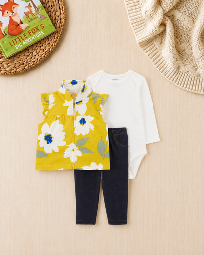 🌼Original Carter’s Baby Girl 3-Piece "Sunlit Floral" Vest Set – Yellow, White & Denim