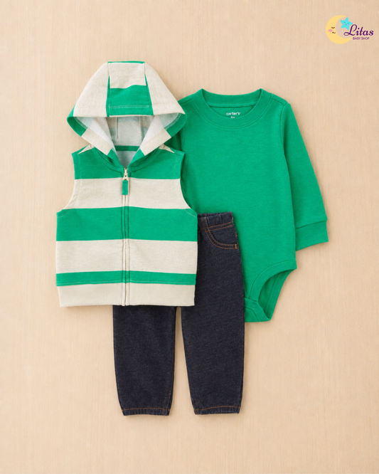 🌱 Carter’s Baby Boy 3-Piece "Green Horizon" Hooded Vest Set – Emerald & Denim