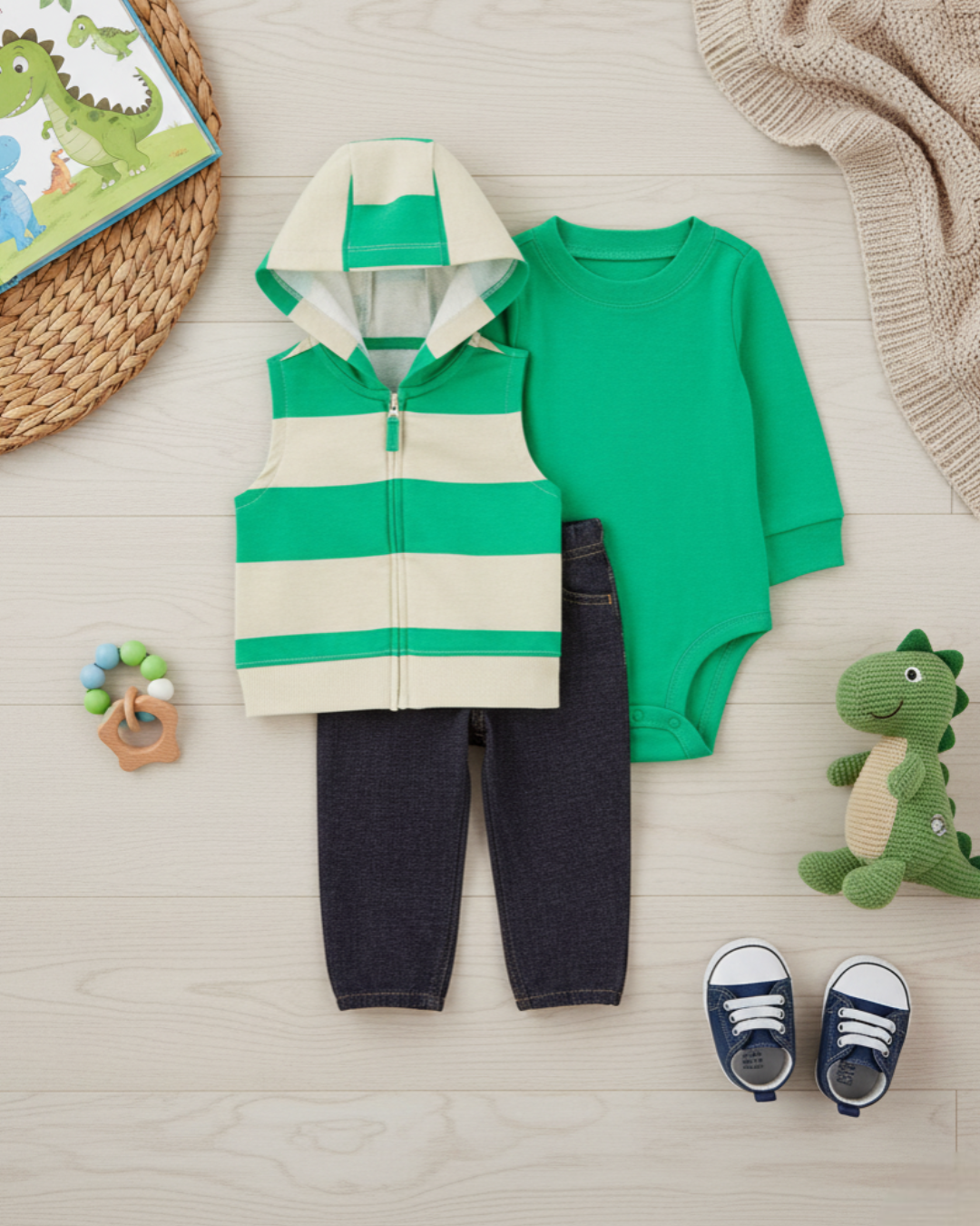 🌱 Carter’s Baby Boy 3-Piece "Green Horizon" Hooded Vest Set – Emerald & Denim