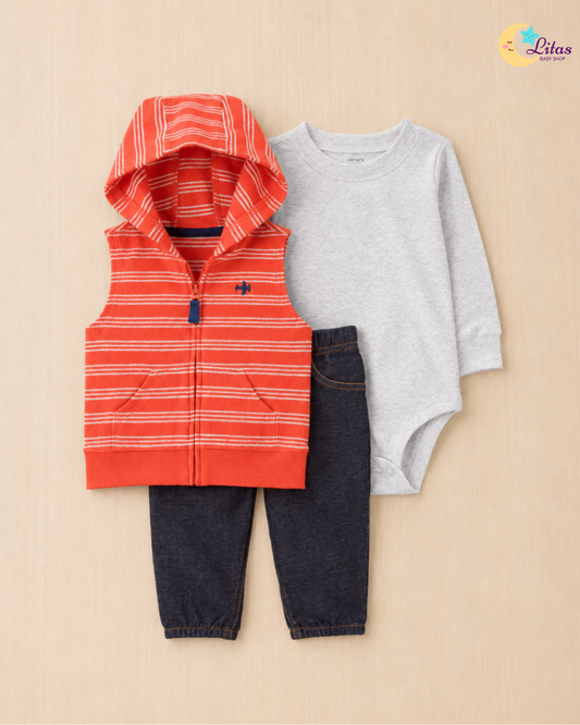 🚁 Carter’s Baby Boy 3-Piece "Sky High" Hooded Vest Set – Orange & Denim