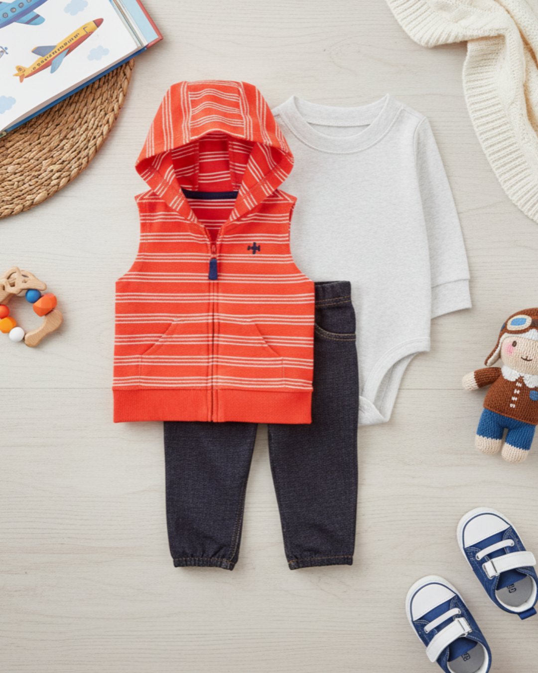 🚁 Carter’s Baby Boy 3-Piece "Sky High" Hooded Vest Set – Orange & Denim
