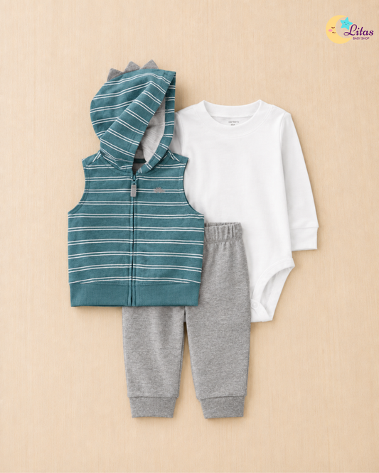 🦖 Carter’s Baby Boy 3-Piece "Dino Stripe" Hooded Vest Set – Teal, White & Grey