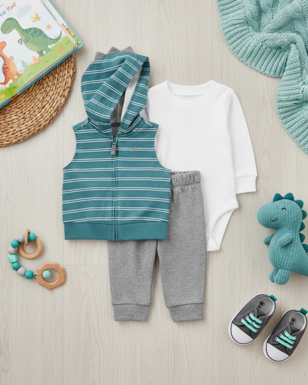 🦖 Carter’s Baby Boy 3-Piece "Dino Stripe" Hooded Vest Set – Teal, White & Grey