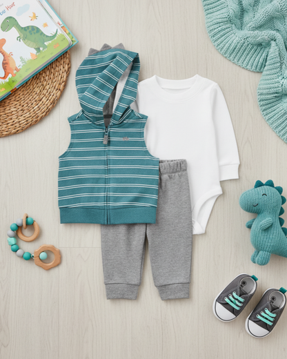 🦖 Carter’s Baby Boy 3-Piece "Dino Stripe" Hooded Vest Set – Teal, White & Grey