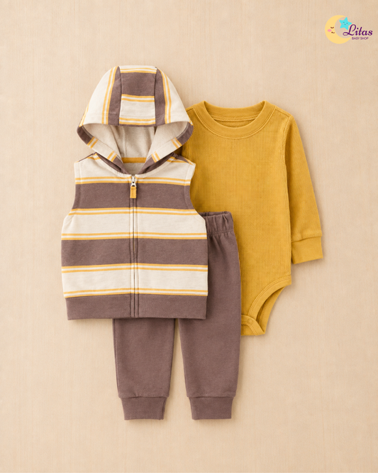☕Original Carter’s Baby Boy 3-Piece "Coffee & Cream" Hooded Vest Set – Mustard & Brown