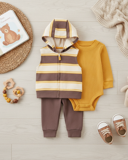 ☕ Carter’s Baby Boy 3-Piece "Coffee & Cream" Hooded Vest Set – Mustard & Brown