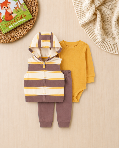☕Original Carter’s Baby Boy 3-Piece "Coffee & Cream" Hooded Vest Set – Mustard & Brown