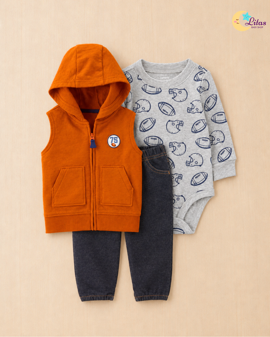 🏈Original Carter’s Baby Boy 3-Piece "Game Day" Hooded Vest Set – Orange, Grey & Denim
