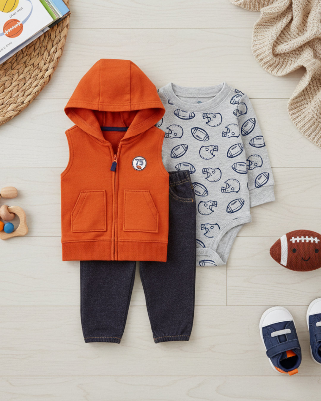 🏈 Carter’s Baby Boy 3-Piece "Game Day" Hooded Vest Set – Orange, Grey & Denim