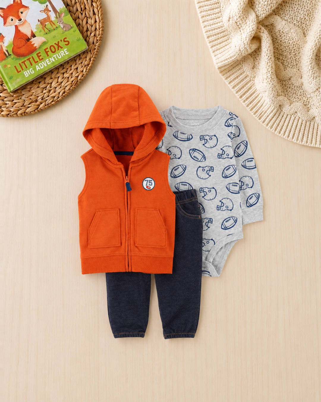 🏈Original Carter’s Baby Boy 3-Piece "Game Day" Hooded Vest Set – Orange, Grey & Denim