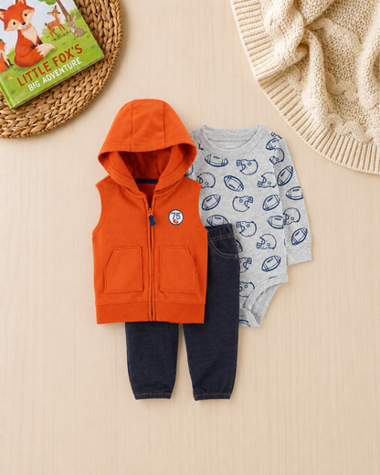 🏈Original Carter’s Baby Boy 3-Piece "Game Day" Hooded Vest Set – Orange, Grey & Denim