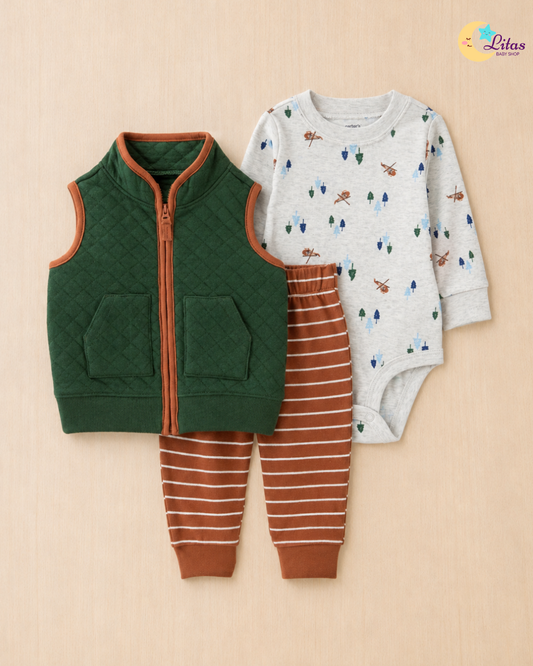 🚁Original Carter’s Baby Boy 3-Piece "High-Flyer" Quilted Vest Set – Forest Green, Rust & Grey