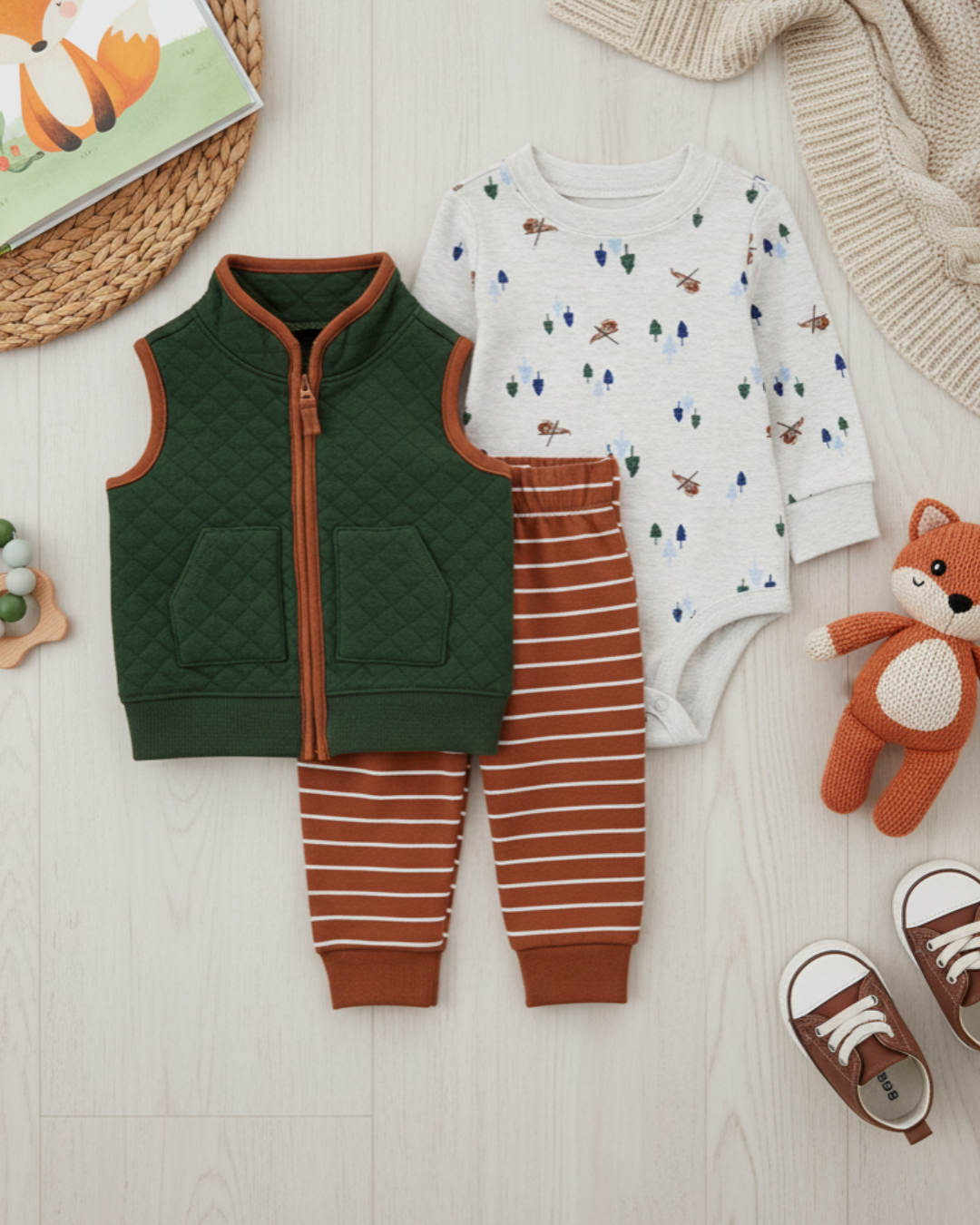 🚁 Carter’s Baby Boy 3-Piece "High-Flyer" Quilted Vest Set – Forest Green, Rust & Grey