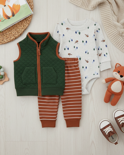 🚁 Carter’s Baby Boy 3-Piece "High-Flyer" Quilted Vest Set – Forest Green, Rust & Grey