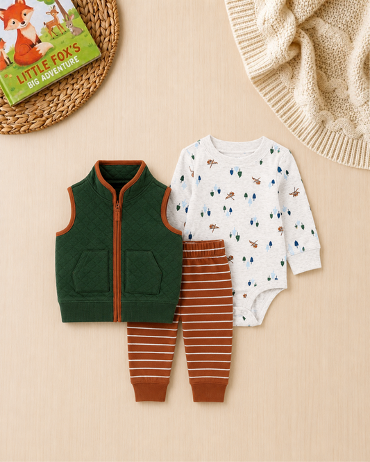 🚁Original Carter’s Baby Boy 3-Piece "High-Flyer" Quilted Vest Set – Forest Green, Rust & Grey