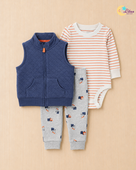 🏗️Original Carter’s Baby Boy 3-Piece "Little Builder" Quilted Vest Set – Navy, Orange & Grey