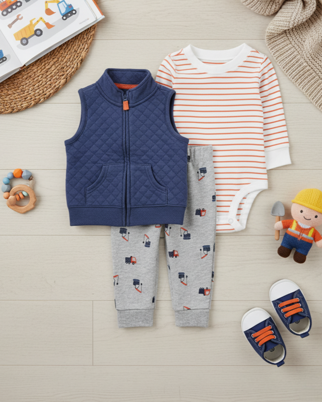 🏗️ Carter’s Baby Boy 3-Piece "Little Builder" Quilted Vest Set – Navy, Orange & Grey